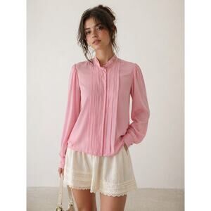 Vintage Sheer Ann‎ Chabrol Pink Pleated Puff Sleeve Blouse 12 Coquette Romantic